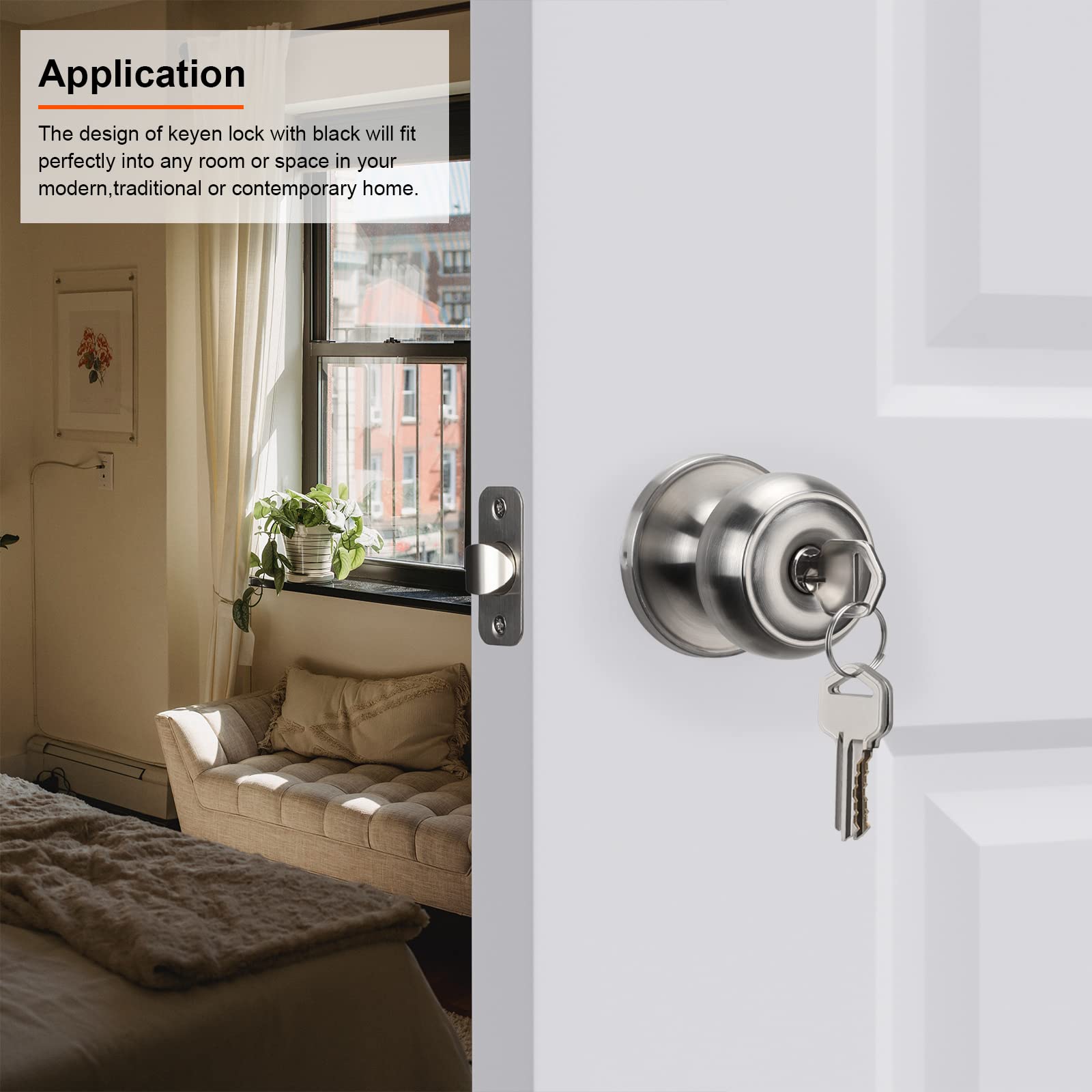 goldenwarm Door Locks for Entry Door Knob Exterior Knob Lock with Key Brushed Nickel Doors Handles with Lock Easy Install Left/Right Open