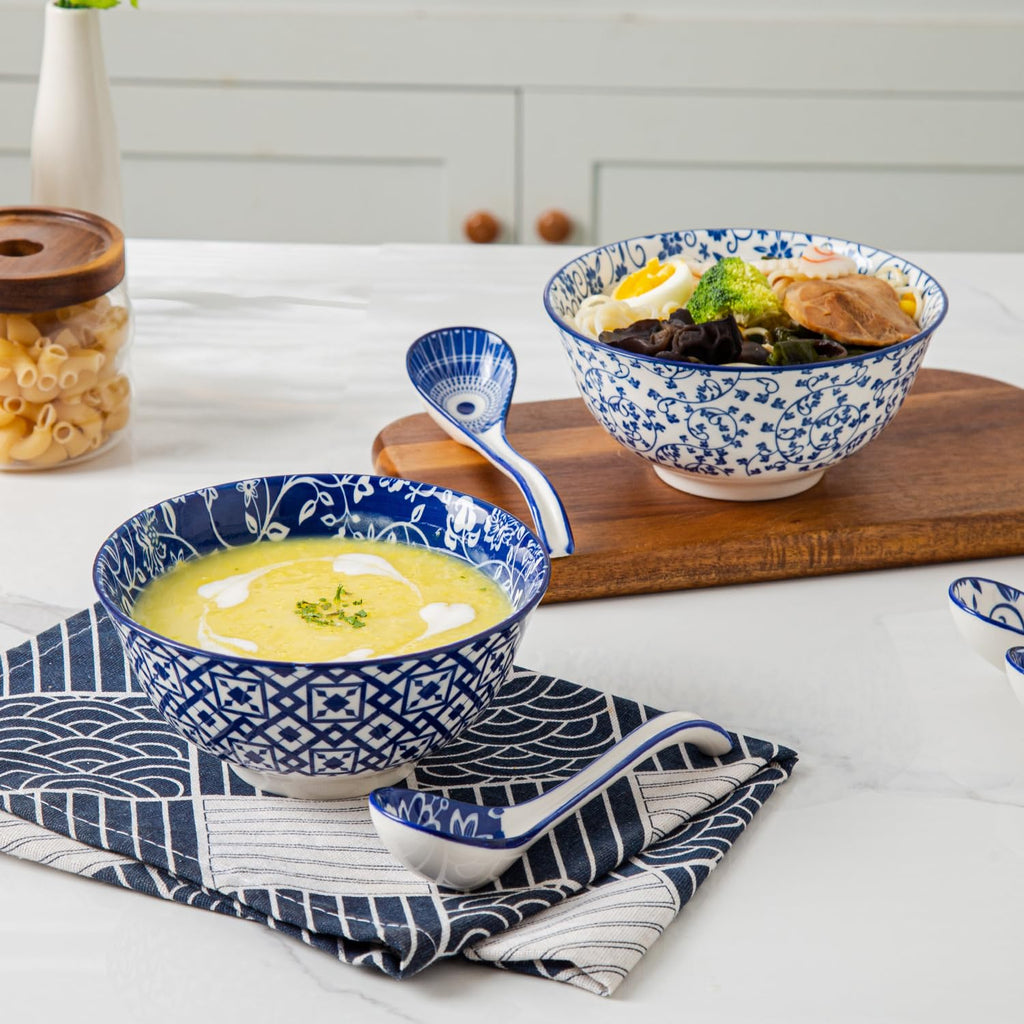 Cerkik Ceramic Asian Soup Spoon - 6.3 Inch Chinese Soup Spoons Japanese Ramen Spoons for Pho Dumplings Wonton Miso Cereal Stews Noodles - Vintage Blue