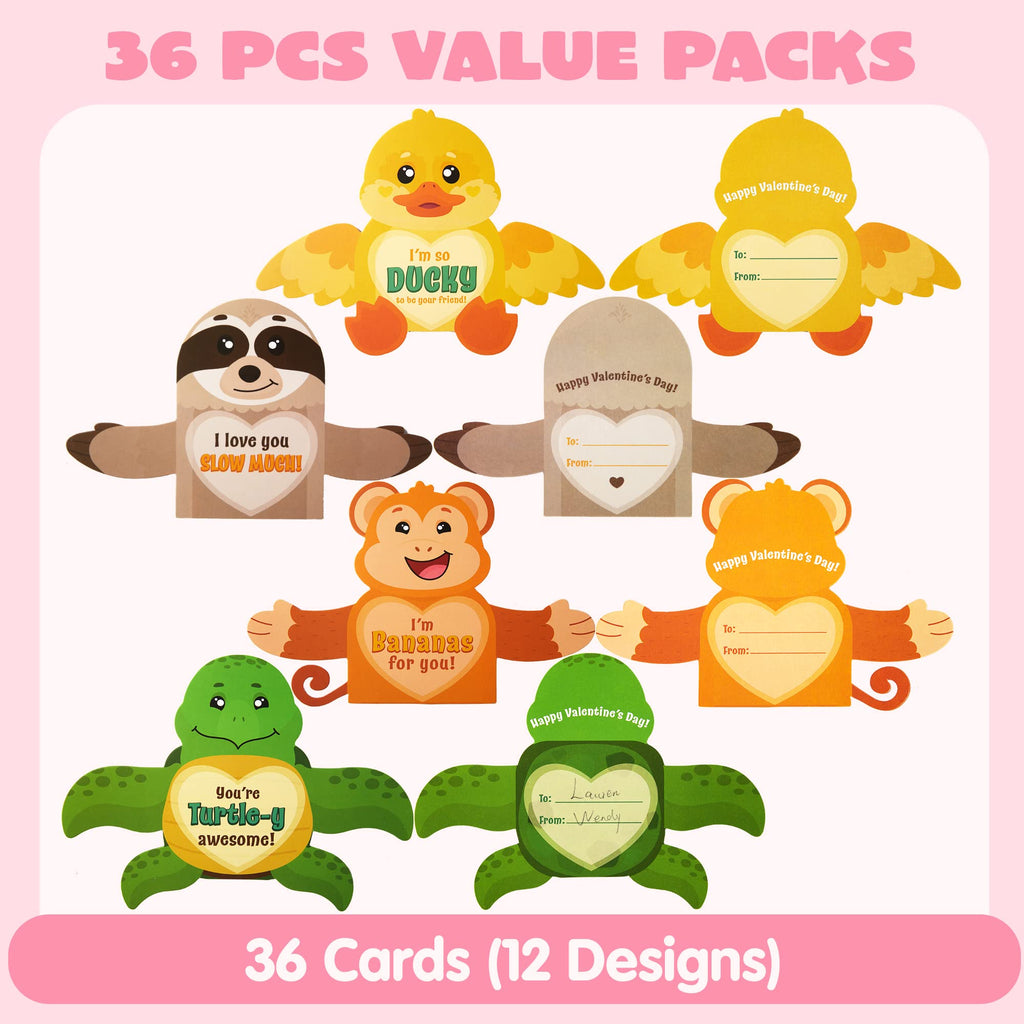 JOYIN 36 Pcs Valentines Day Gifts Cards with Animal Designs,Valentine’s Greeting Cards Candy Holder Cards for Kids, Valentine Classroom Exchange Cards (Cards only)