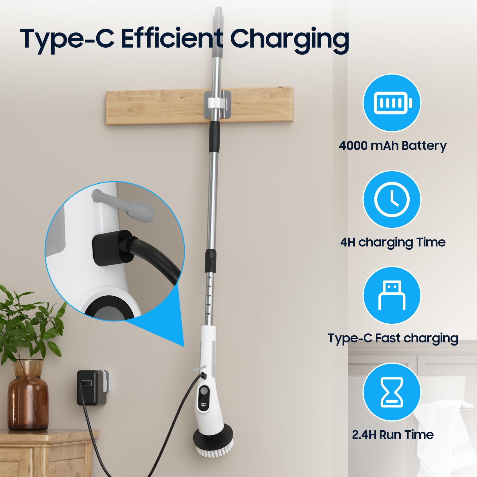 Depcler Electric Spin Scrubber with 4000mAh Battery, 380-500 RPM, 8 Replaceable Brush Heads, Adjustable Handle for Bathroom, Kitchen & Floor Cleaning