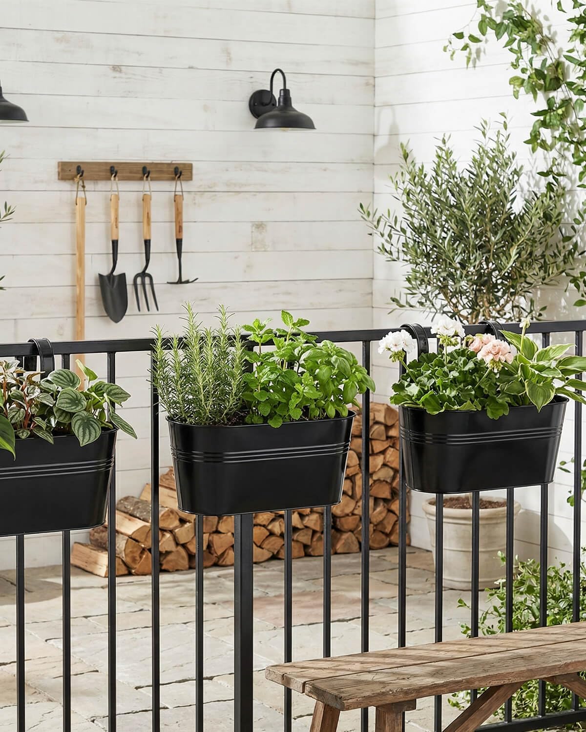 vensovo Metal Railing Planter for Outdoor Plants - 3 Pack Balcony Hanging Planter Box with Detachable Hooks and Drain Holes Oval Hanging Pots Fence Planters for Railing Garden Fence, Black