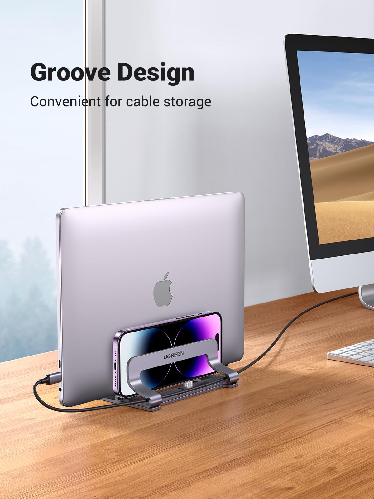 UGREEN Dual Slot Vertical Laptop Stand Holder Mount for Desk, Adjustable Aluminum Stand Compatible with MacBook Pro Air, Ideapad, Surface Book, Chromebook Up to 17.3 Inch