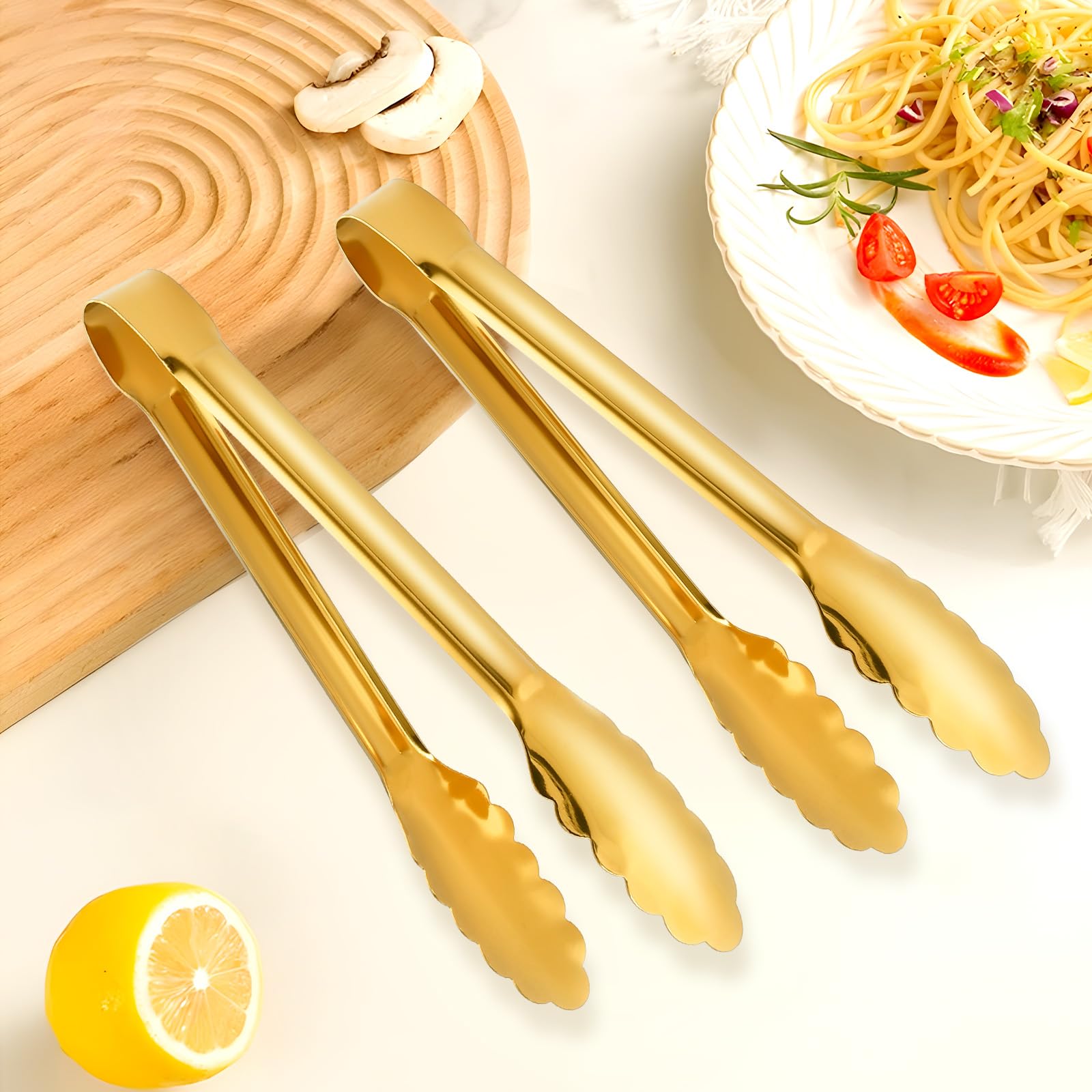 Worldity 10 Pack Gold Serving Tongs, Non-Slip & Easy Grip Golden Kitchen Utensils, Stainless Steel Gold Serving Tongs for Buffet, Salad Tongs for Bread, Fruit, Ice, Appetizer, Barbecue