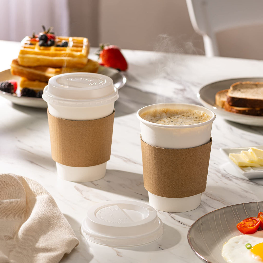 Gusto [50 Sets] 12 oz. Disposable White Paper Coffee Cups with White Lids, Sleeves - to Go Paper Hot Cups- Formerly Comfy Package