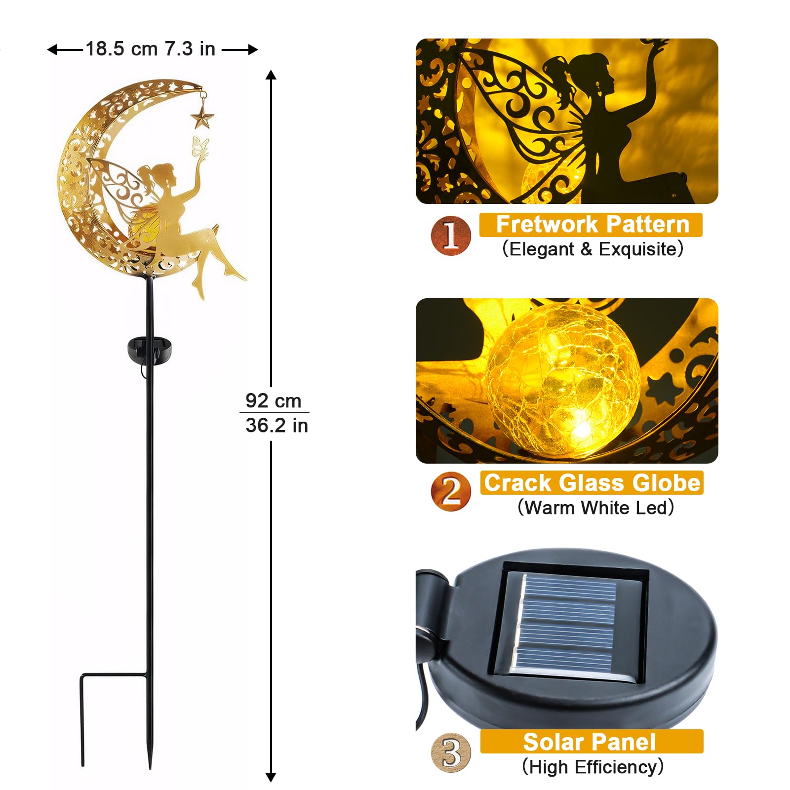 Fohil Solar Garden Lights Outdoor, Metal Fairy Moon Glass Globe Pathway Stake Solar Light Decor, Waterproof Solar Decorative Lights for Garden, Walkway, Yard, Lawn, Patio, Courtyard