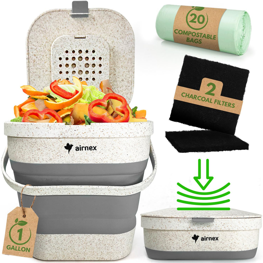 AIRNEX Collapsible Kitchen Compost Bin with Lid - 4 Liter / 1 Gal Countertop Compost Bin for Food Waste Made from Wheat Straw - Indoor Green Bin with 20 Compostable Bags & 2 Charcoal Filters