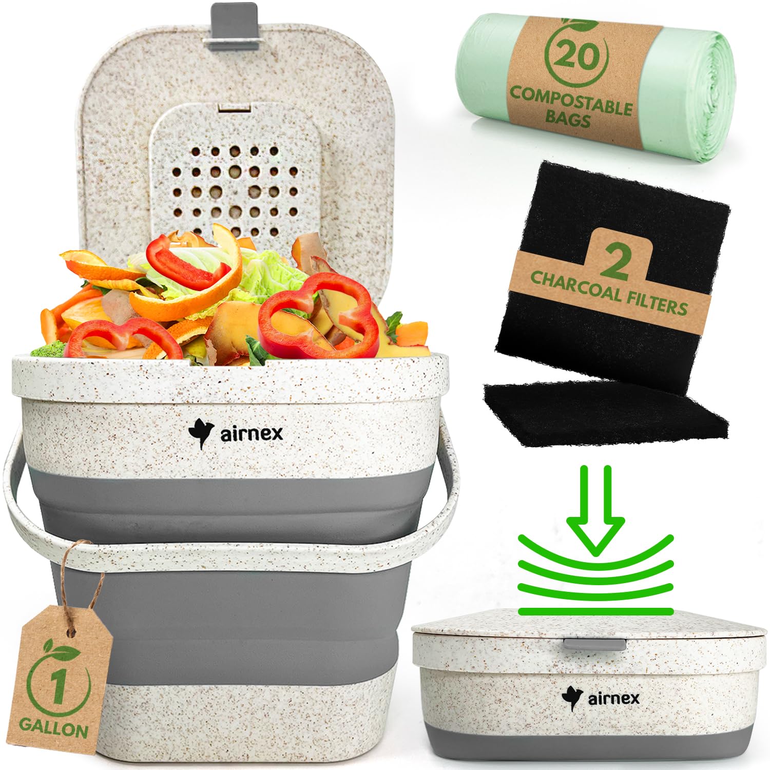 AIRNEX Collapsible Kitchen Compost Bin with Lid - 4 Liter / 1 Gal Countertop Compost Bin for Food Waste Made from Wheat Straw - Indoor Green Bin with 20 Compostable Bags & 2 Charcoal Filters