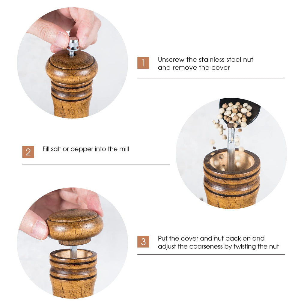 JF JAMES.F Wooden Salt and Pepper Grinder Set, 6.5 inch Rubber Wood Salt and Pepper Mills Set of 2 with Acrylic Visible Window & Adjustable Ceramic Rotor