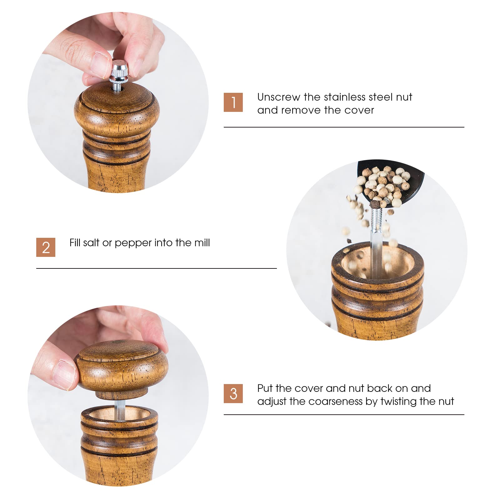 JF JAMES.F Wooden Salt and Pepper Grinder Set, 6.5 inch Rubber Wood Salt and Pepper Mills Set of 2 with Acrylic Visible Window & Adjustable Ceramic Rotor