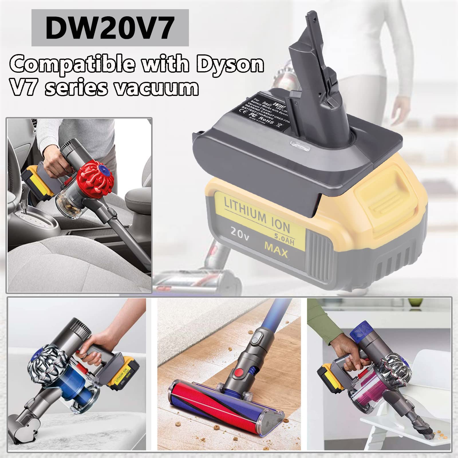 for Dyson V7 Dewalt Battery Adapter, Convert for DeWalt 20V 60V Battery to Replace SV11 Battery and Power for Dyson V7 Motorhead Fluffy Absolute Animal Vacuum Cleaner (Adapter Only)
