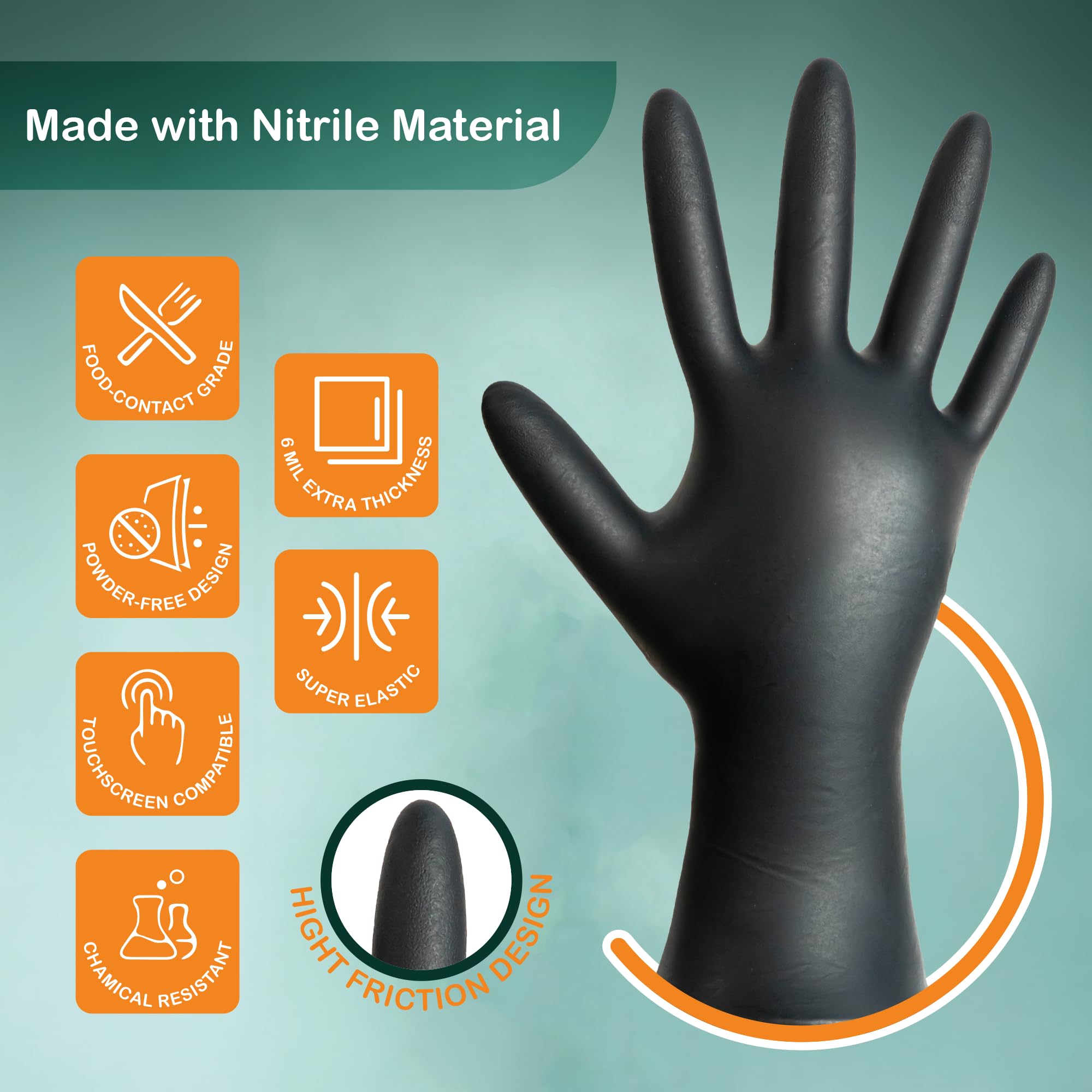 MiraPak Black Nitrile Disposable Gloves 6 Mil Extra Strength, Food-Safe,Latex & Powder Free, Textured Fingertips Gloves (Large)