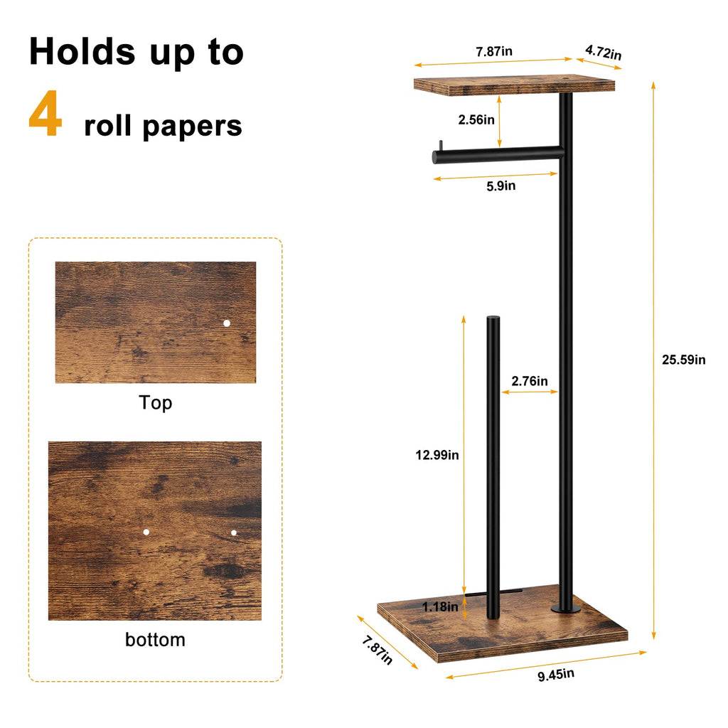 Toilet Paper Holder Stand Toilet Paper Roll Holder with Shelf Free Standing Toilet Tissue Holder Black Toilet Paper Storage Holder with Reserve for for Bathroom Holds Wipe, Mobile Phone, Mega Rolls