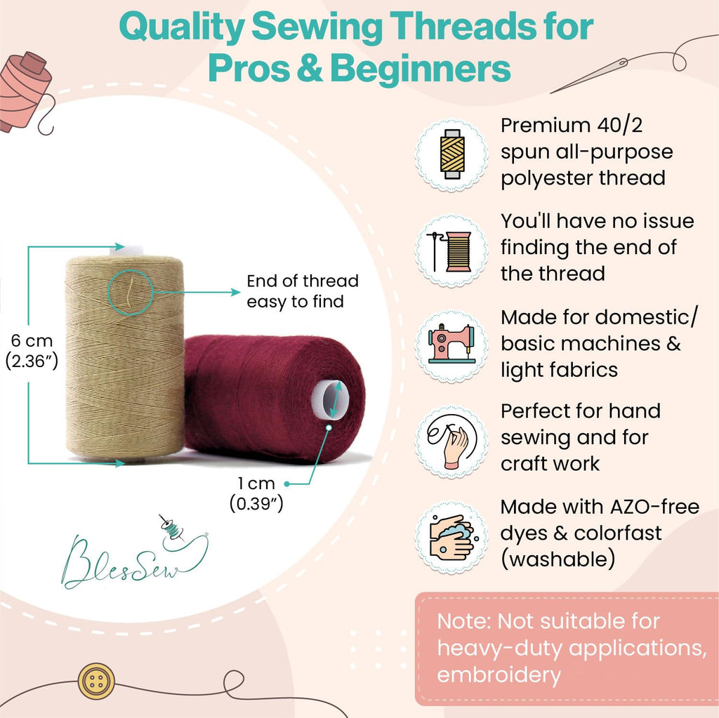 BlesSew Sewing Machine Thread – 24 Spools, 1000 Yards Each – All Purpose Polyester Thread Set, 22 Colors + Black & White – Thread for Sewing Machine, Ideal for Beginners, Quilting & Repairs