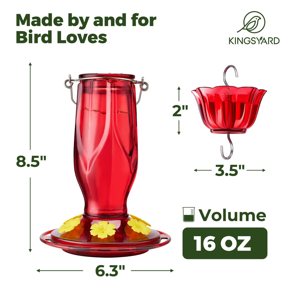 Kingsyard Glass Hummingbird Feeder 6 Feeding Ports, Hanging Bird Nectar Feeder 16 Ounces, Rustproof, Leakproof, Garden Backyard Decor, Ant Moat Included, Deep Red
