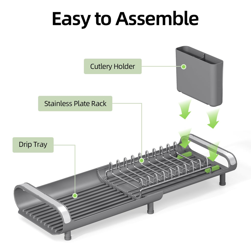 Small Expandable Dish Drying Rack – Compact Stainless Steel Dish Drainer with Removable Cutlery Holder, Anti-Rust Plate Rack for Kitchen Countertop or Sink, Grey