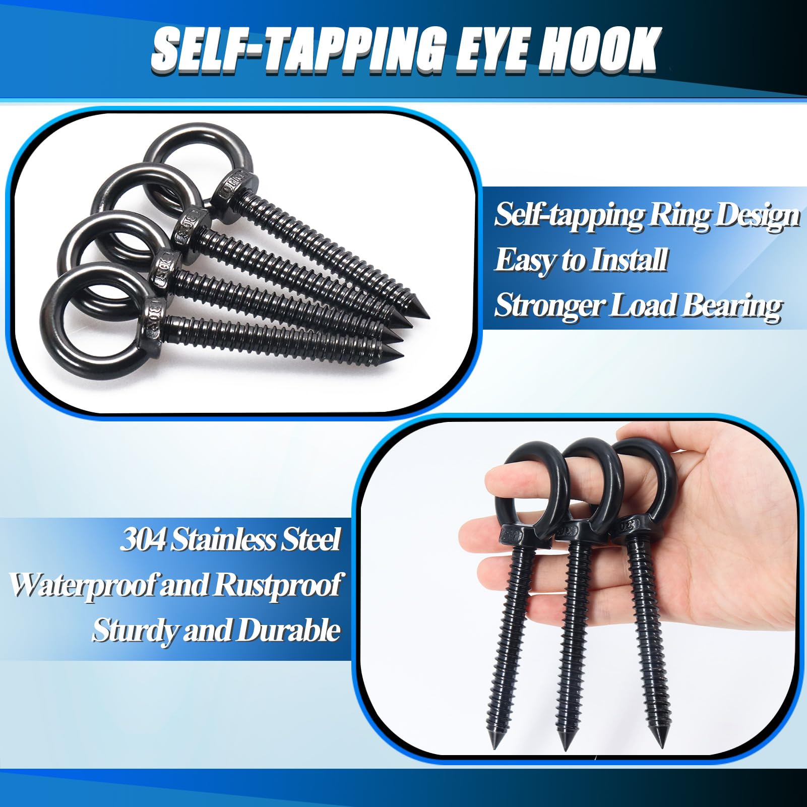 OHIYO 5 Inch Heavy Duty Eye Hooks M10 Eyelet Screw Load Capacity 600LBS Heavy Duty Screw in Eye Hooks for Hammock Stand, Swing Chair, Yoga, Heavy Indoor & Outdoor Uses (Black)