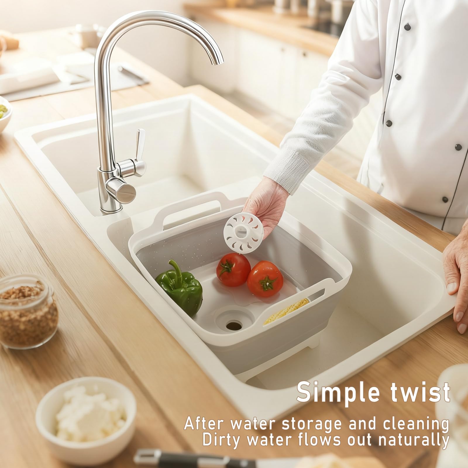 NIKONIKO Collapsible Sink, 9L Portable Wash Basin with Handle and Drain Plug, Grey