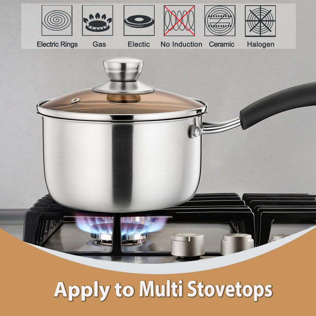 P&P CHEF 2QT Saucepan, Stainless Steel 2 Quart Saucepan with Lid, Multipurpose Sauce Pan for Kitchen Restaurant Cooking, Visible Glass lid & Heat-Proof Handles, Rust Resistant & Dishwasher Safe