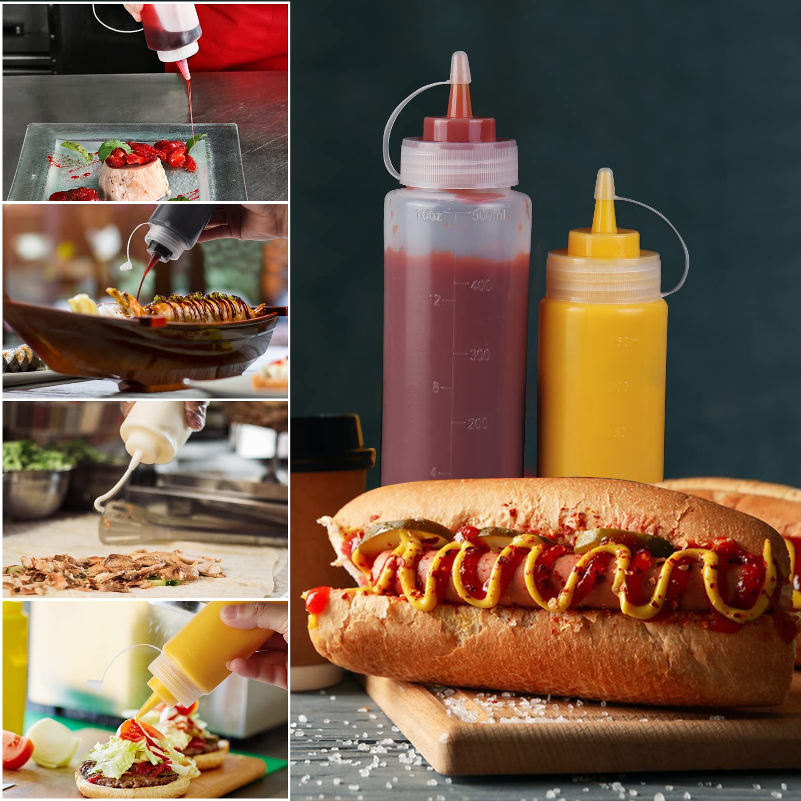 16oz Condiment Squeeze Bottle, Chetexus 5 Pack Squeezy Sauce Bottles, Plastic Squeeze Dispensers with Measurements for Ketchup, BBQ, Sauces, Syrup, Dressings