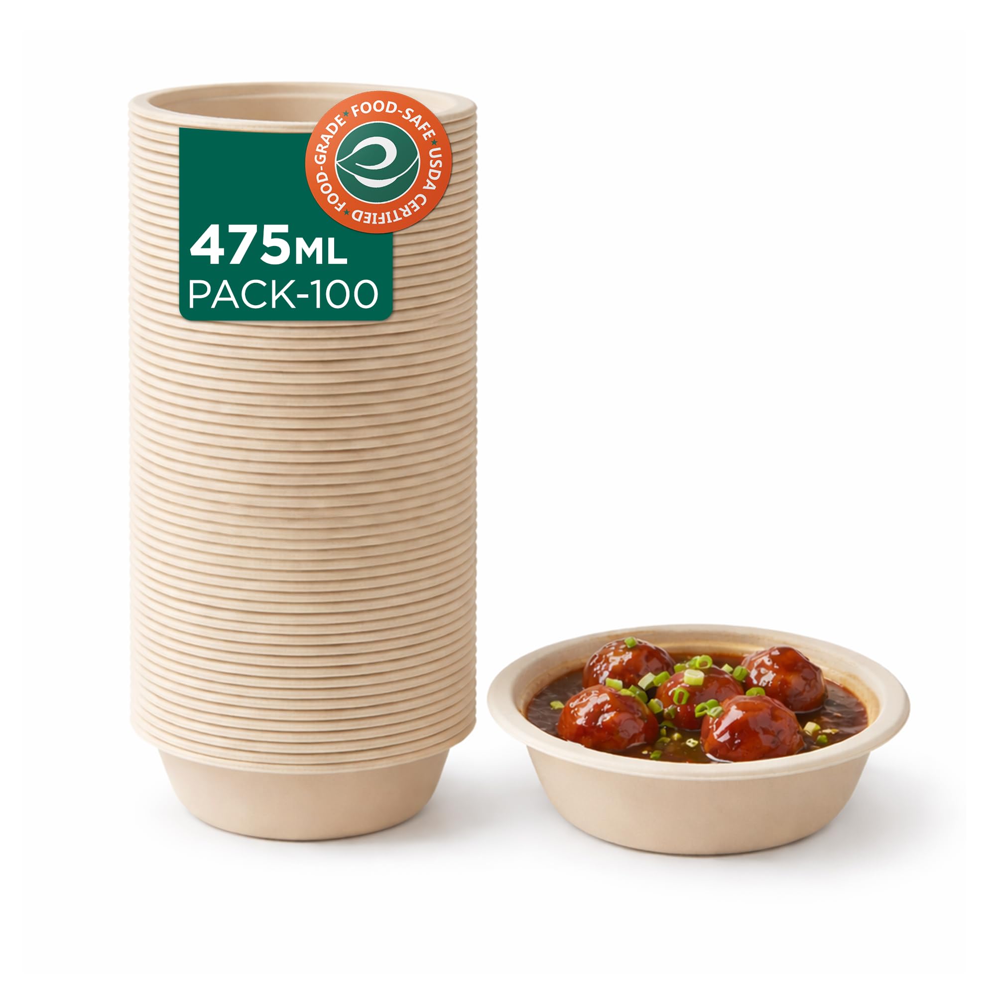 Eco Soul 12 Oz Compostable Disposable Paper Bowls [100 Pack] Food Safe Leak-Free 100% Virgin Bagasse Biodegradable Heavy Duty Ramen Soup Bowl for Hot & Cold Food Microwave Safe [Small, Round, Brown]