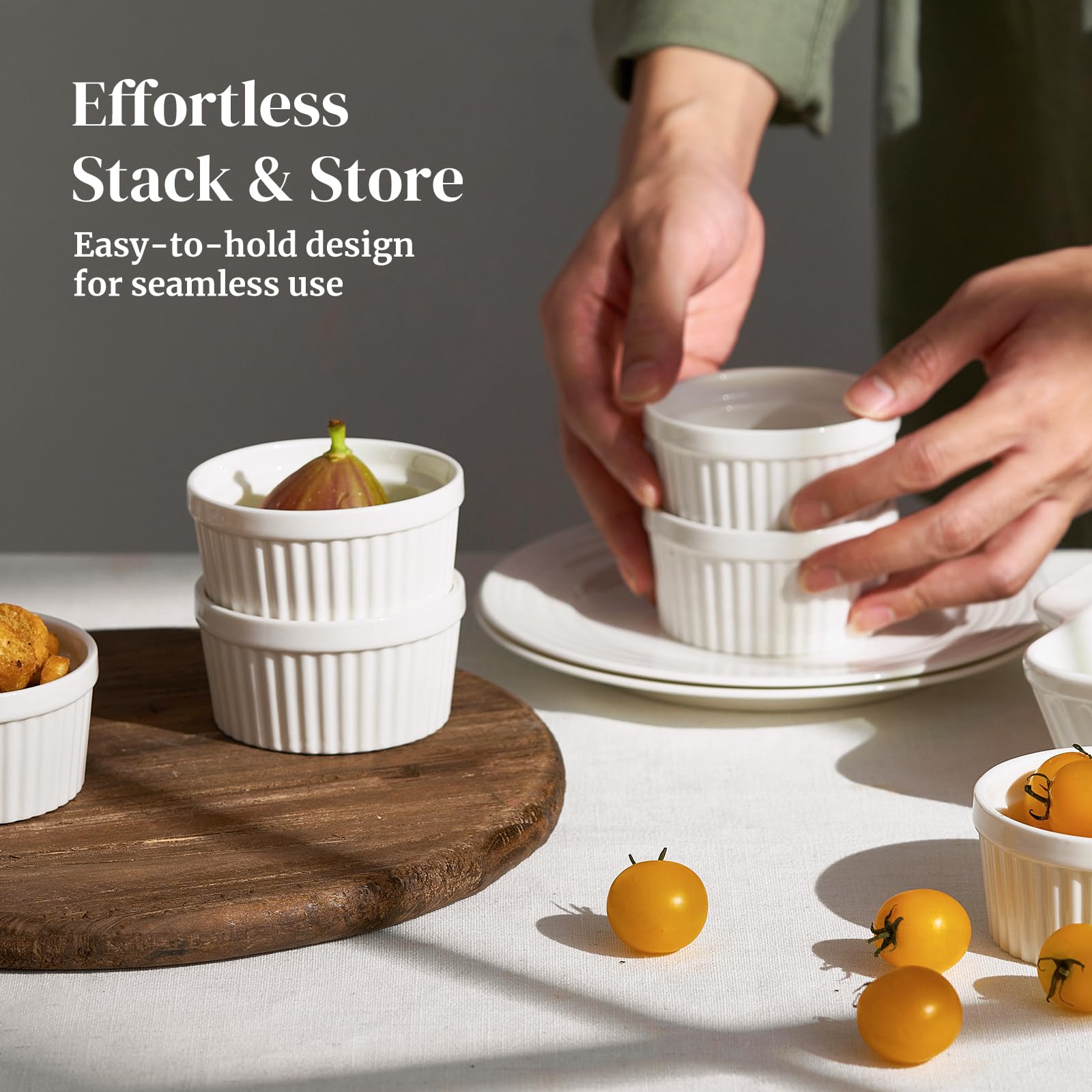 DOWAN 8 oz Ramekins for Creme Brulee Porcelain Oven Safe, Classic Style Souffle Ramekins for Baking, Bowls Set of 6, White