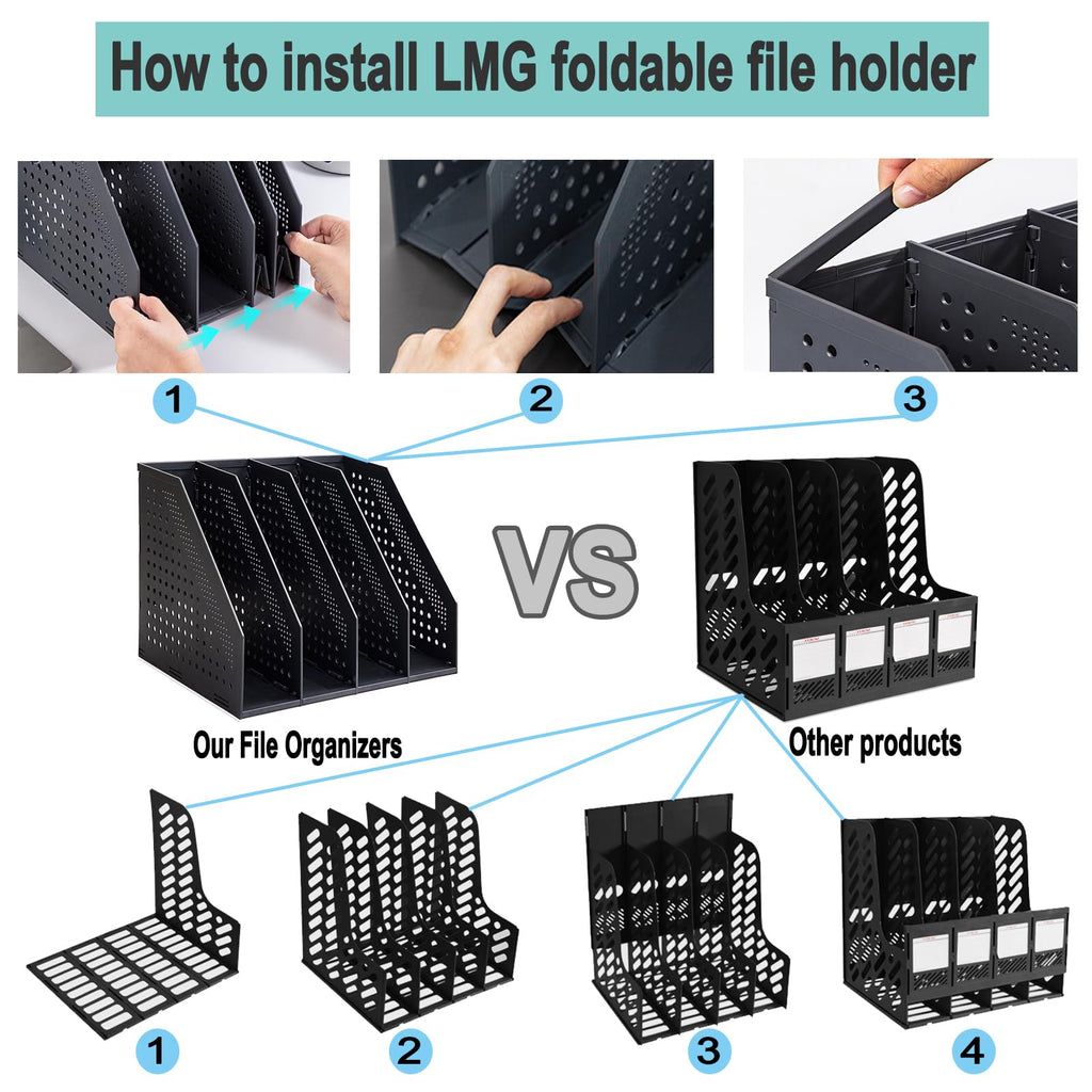Lemical Magazine Holder 4 Vertical Compartments Collapsible Magazine File Holder Space Saving Rack Home Kitchen Desk Organizer No Need Assemble (Black)