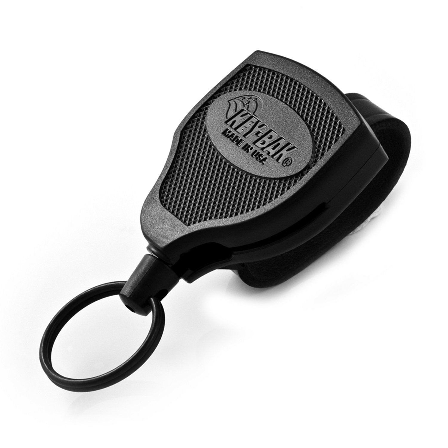 Key-BAK SUPER48 HD 8oz. Locking Retractable Keychain, 48" Retractable Cord, Black Polycarbonate Case, Leather Duty Belt Loop, Oversized Split Ring - Made in USA