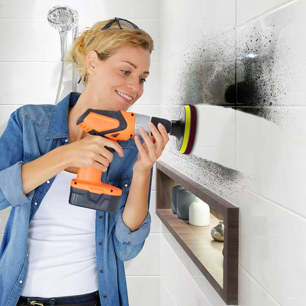 4 inch drill Power Brush Tile Scrubber Scrub Pad 2 different stiffness 4 inch pad Holders with 6 scrub pads Heavy Duty bath and tile cleaner for perfect cleaning of large flat areas drill not included