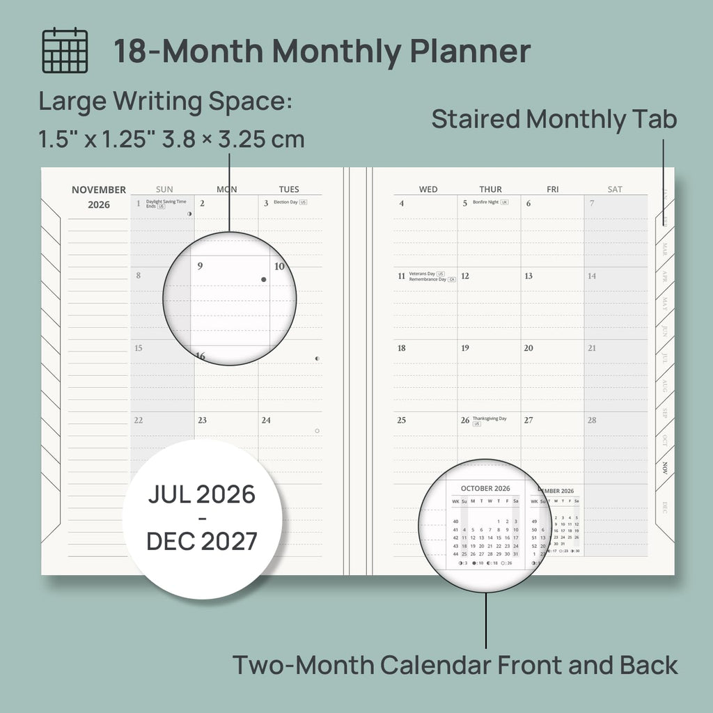 POPRUN Monthly Planner 2026-2027 (6.25" x 8.5"), 18-Month Calendar Book (Jul.26 - Dec.27), Academic Calendar Planner with Monthly Tabs, Inner Pocket, Hard Cover, 100GSM Paper - Light Pink