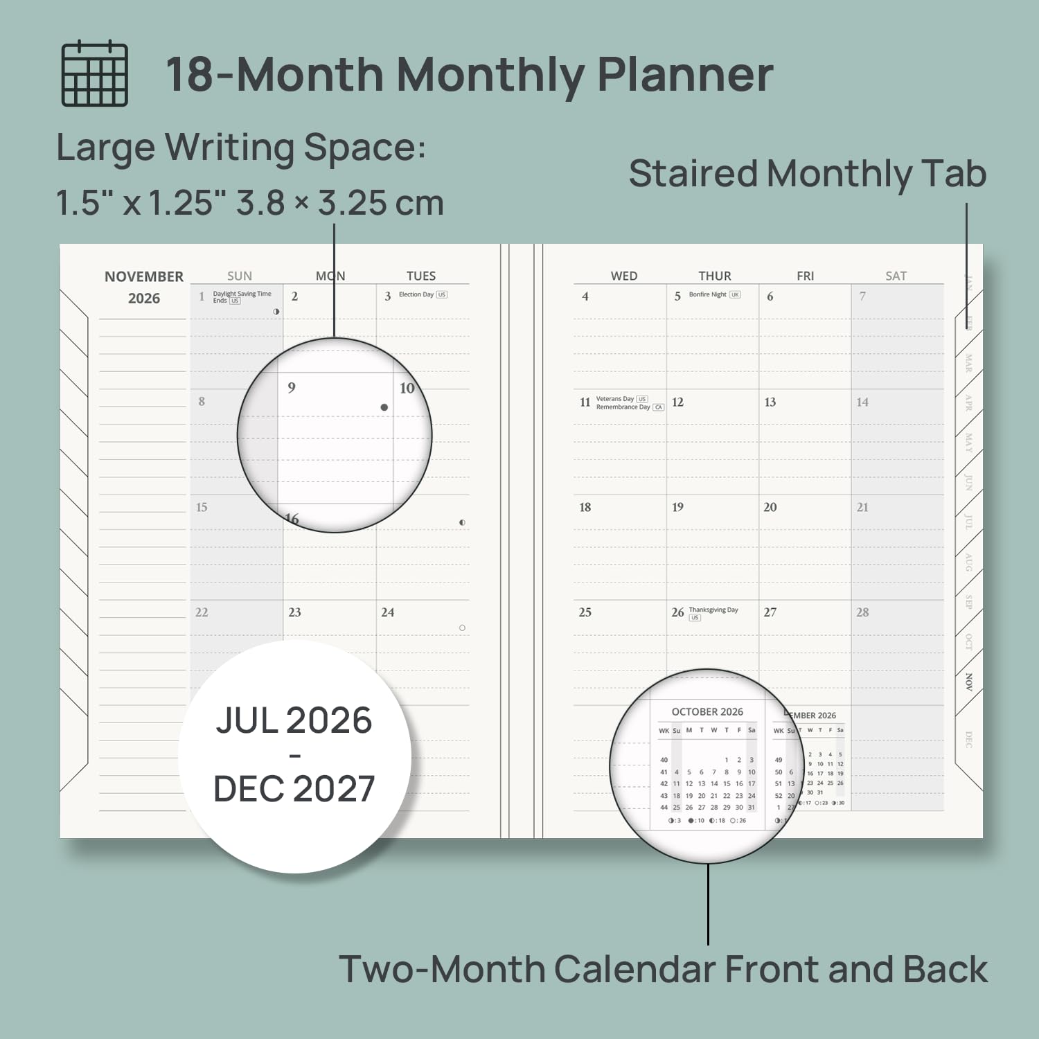 POPRUN Monthly Planner 2026-2027 (6.25" x 8.5"), 18-Month Calendar Book (Jul.26 - Dec.27), Academic Calendar Planner with Monthly Tabs, Inner Pocket, Hard Cover, 100GSM Paper - Light Pink