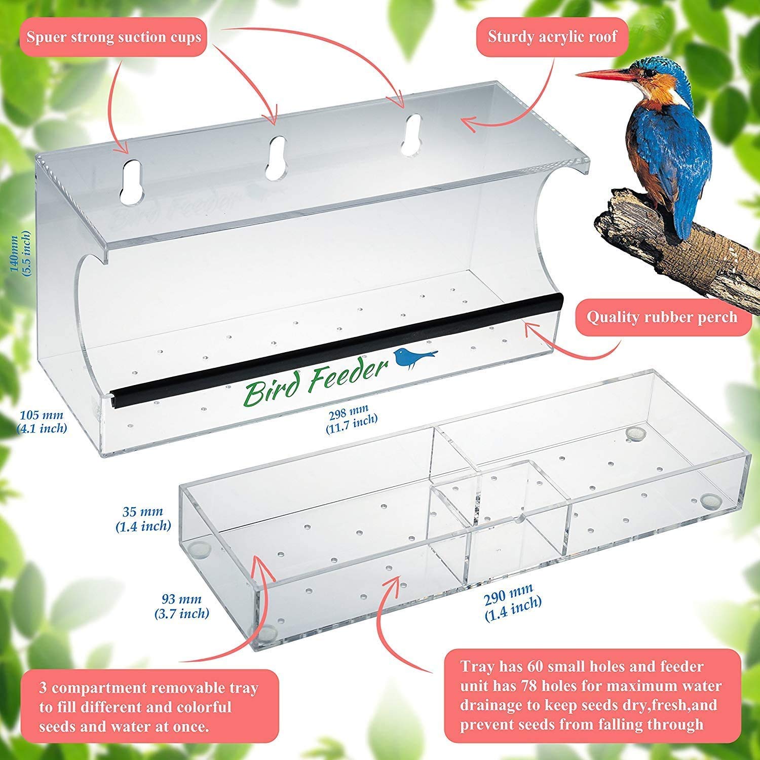 Bird Feeder, Window Bird House Crystal Clear Acrylic with Removable Tray, Drain Holes and 3 Heavy Duty Suction Cups, Weatherproof Design, Squirrel Resistant, Drains Rain Water