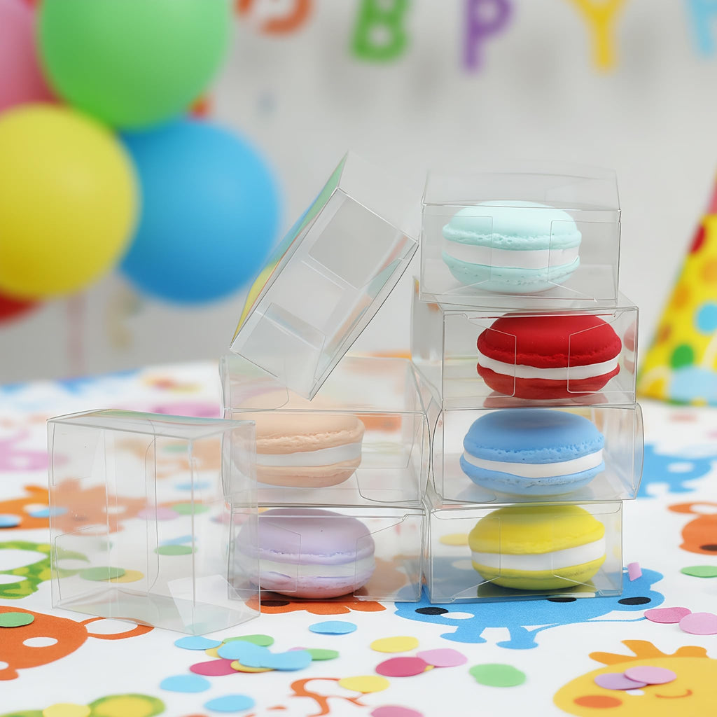 Nicunom 100 Pack Clear Macaron Boxes, Plastic Favor Boxes, 2.17" x 2.17" x 1.38" Bakery Boxes Candy Containers for Chocolate Cake Desserts Cupcakes Cookies Muffins Party Favors Packaging