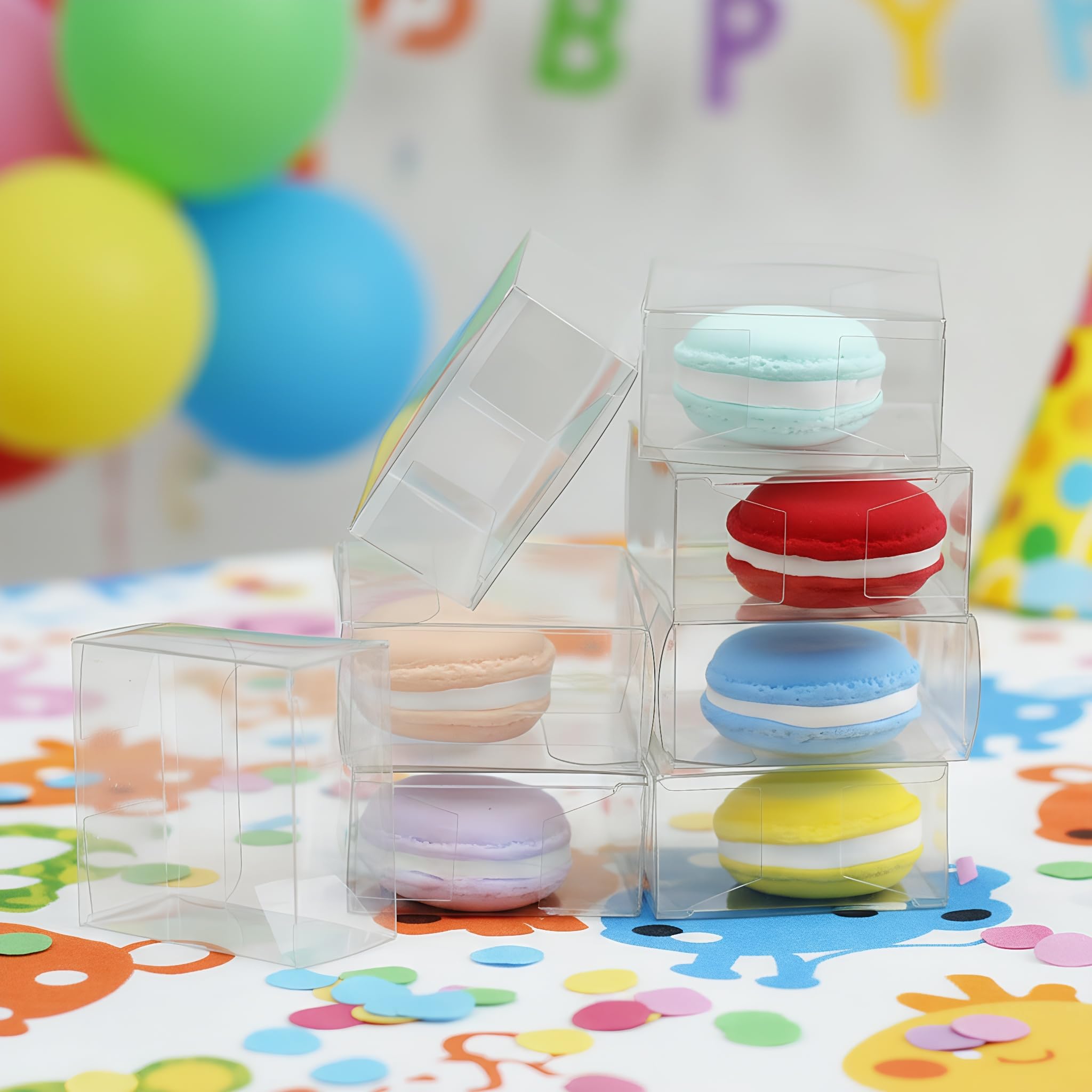 Nicunom 100 Pack Clear Macaron Boxes, Plastic Favor Boxes, 2.17" x 2.17" x 1.38" Bakery Boxes Candy Containers for Chocolate Cake Desserts Cupcakes Cookies Muffins Party Favors Packaging
