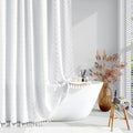 Dynamene Boho Farmhouse Shower Curtain, White Fabric Tufted Chevron Striped Textured Tassel Shower Curtains for Bathroom, Water Repellent, Minimalist Ruffled Cloth Shower Curtain Set with Hook, 72x72