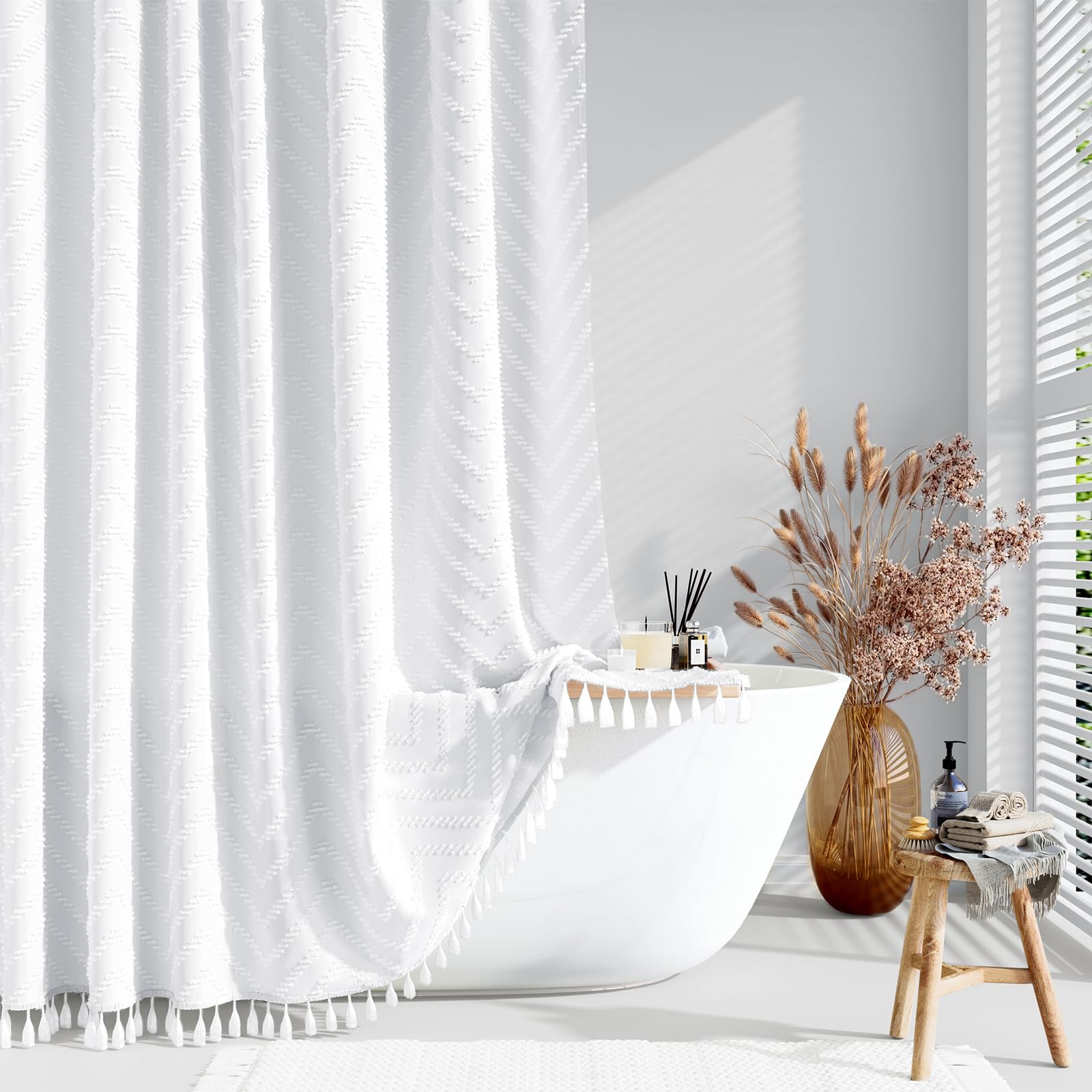 Dynamene Boho Farmhouse Shower Curtain, White Fabric Tufted Chevron Striped Textured Tassel Shower Curtains for Bathroom, Water Repellent, Minimalist Ruffled Cloth Shower Curtain Set with Hook, 72x72