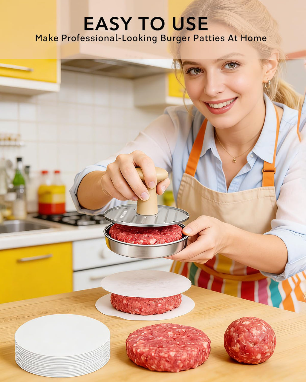 Burger Press, 5”Stainless Steel Hamburger Press Patty Maker, Non-Stick Hamburger Press for Making Patties, for Grilling and Cooking, Comes with 100 Pieces of Wax Paper