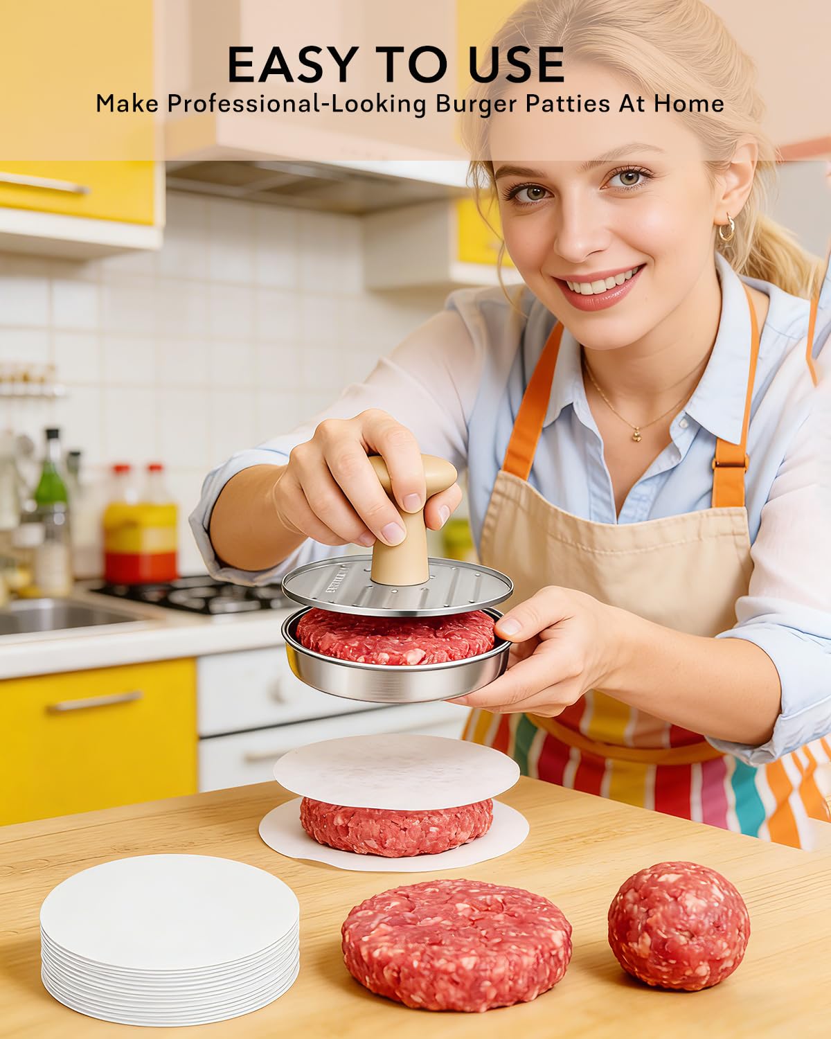Burger Press, 5”Stainless Steel Hamburger Press Patty Maker, Non-Stick Hamburger Press for Making Patties, for Grilling and Cooking, Comes with 100 Pieces of Wax Paper