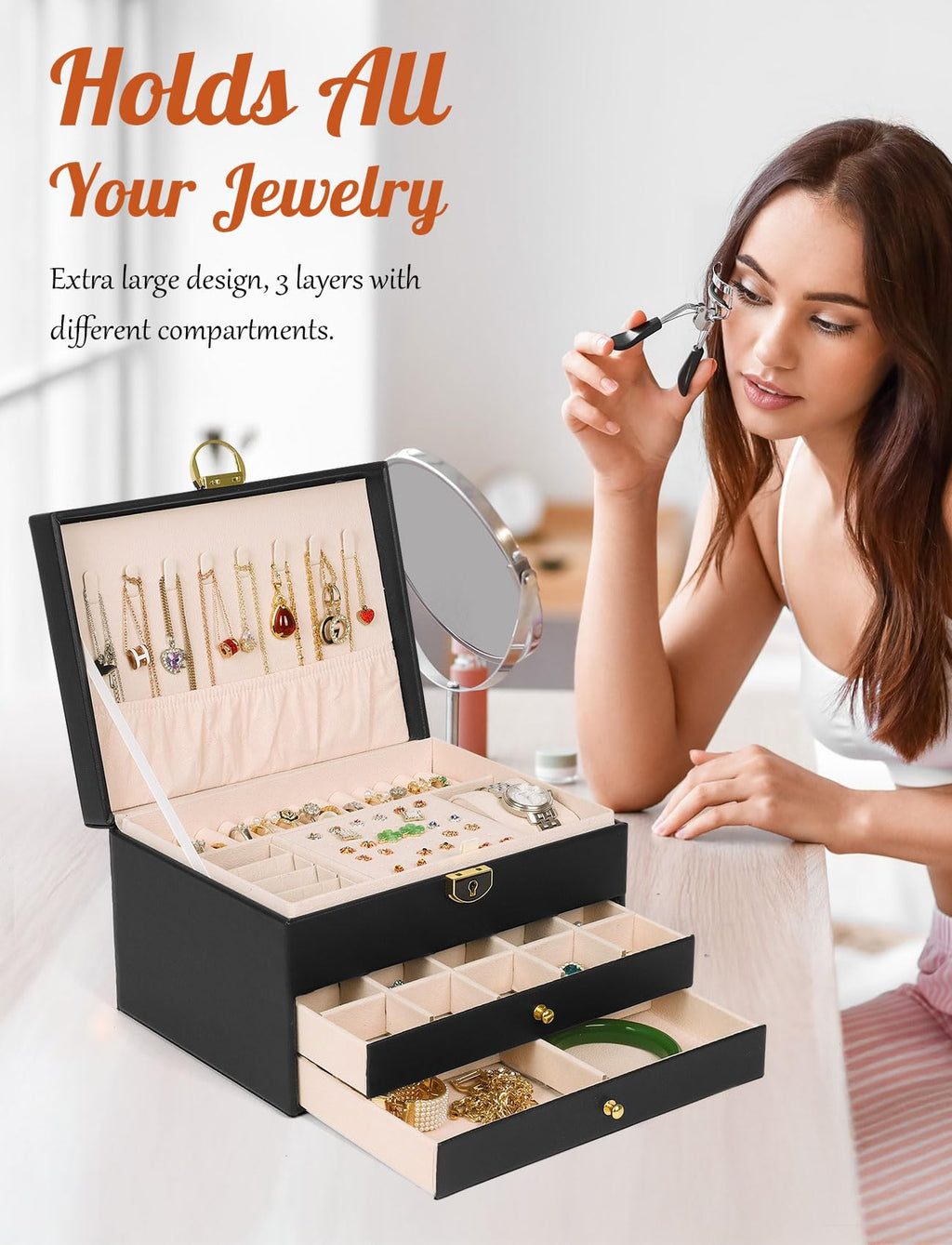 SYCARON Large Jewelry Box Organizer for Women Girls, 3 Layers PU Leather Jewelry Storage Case with Lock for Women and Girls Necklace Bracelets Earrings Rings Organizer, Black
