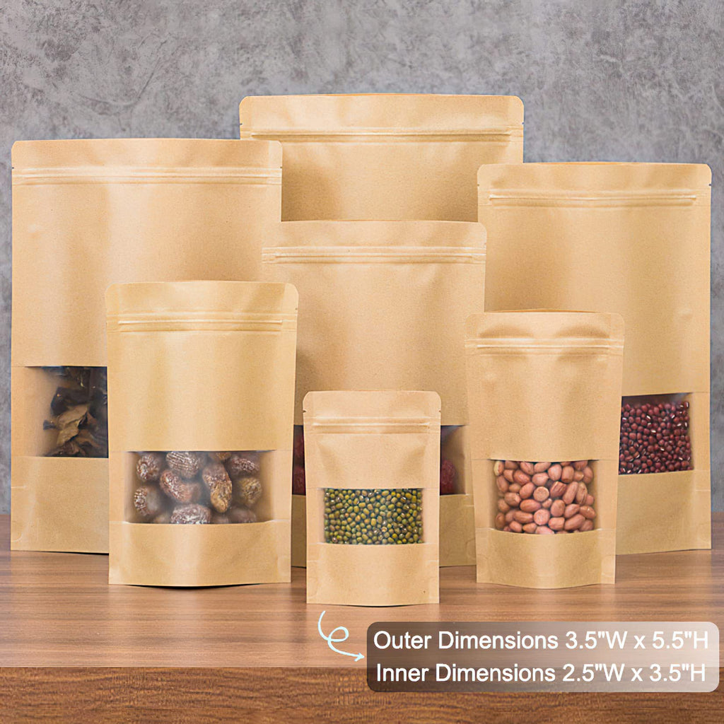 Kingrol 300 Count 3.5 x 5.5 Inch Kraft Paper Bags with Resealable Lock Seal Zipper &Transparent Window, Stand Up Food Bags