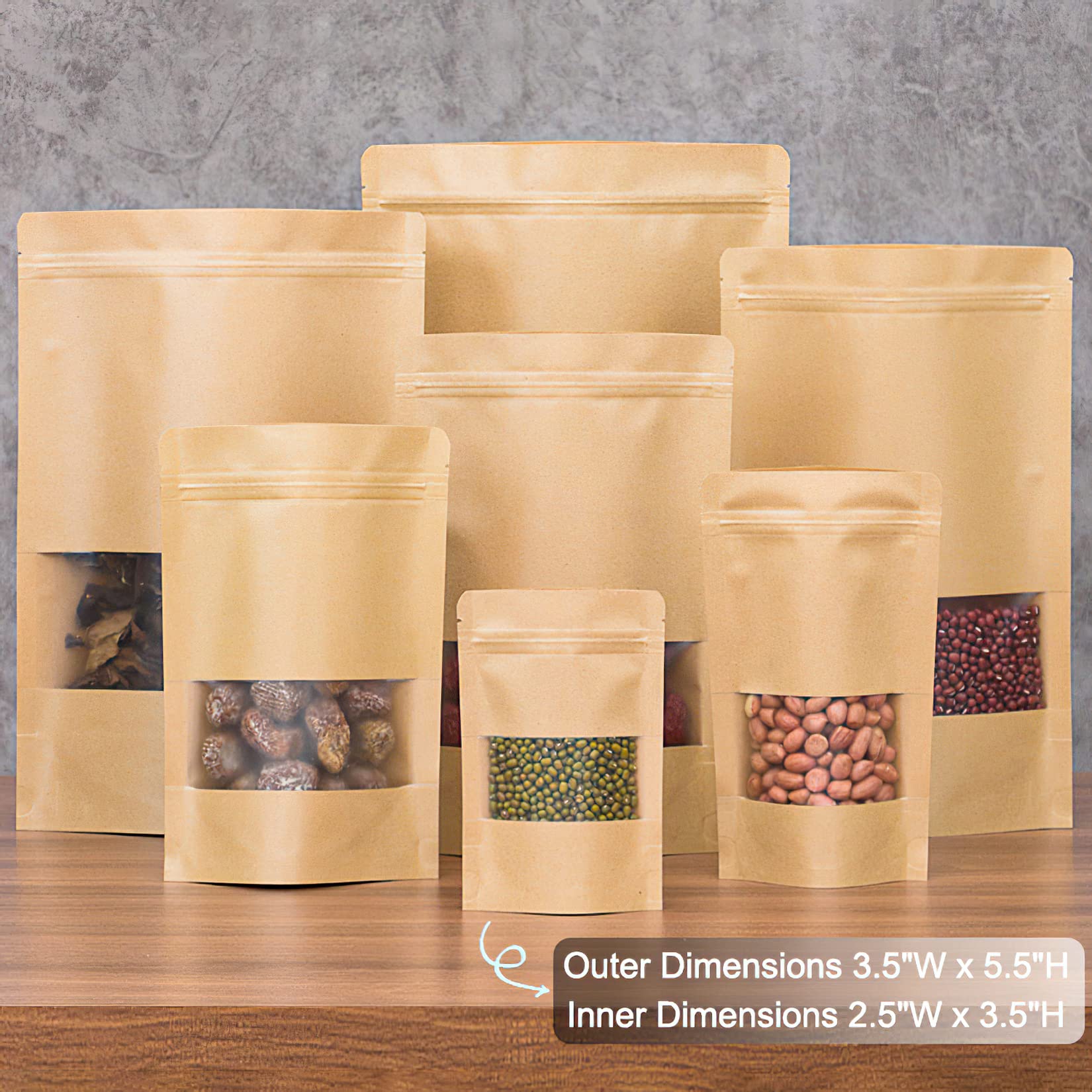 Kingrol 300 Count 3.5 x 5.5 Inch Kraft Paper Bags with Resealable Lock Seal Zipper &Transparent Window, Stand Up Food Bags