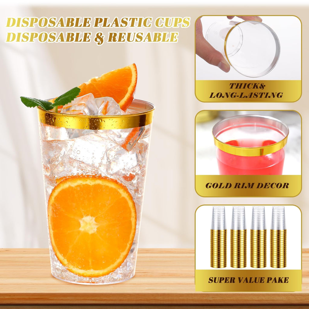 60PCS 12oz Plastic Cups with Gold Rim, Clear Plastic Cups, Heavy-Duty Disposable Hard Plastic Glasses, Party Cups for Wedding Birthday Party Bridal Showers Christmas Picnic