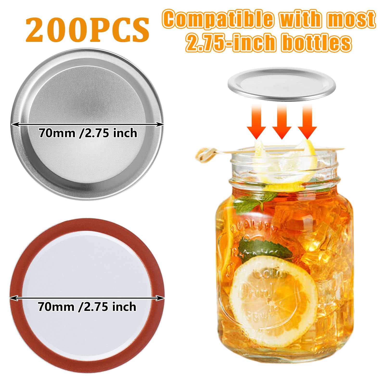 Acrux7 200 PCS Canning Lids 70mm Regular Mouth Mason Jar Lids Split-Type Metal Canning Lids for Ball, Kerr, Canning Jar Lids Bulk, Reusable Leak Proof Canning Lids with Silicone Seals Rings