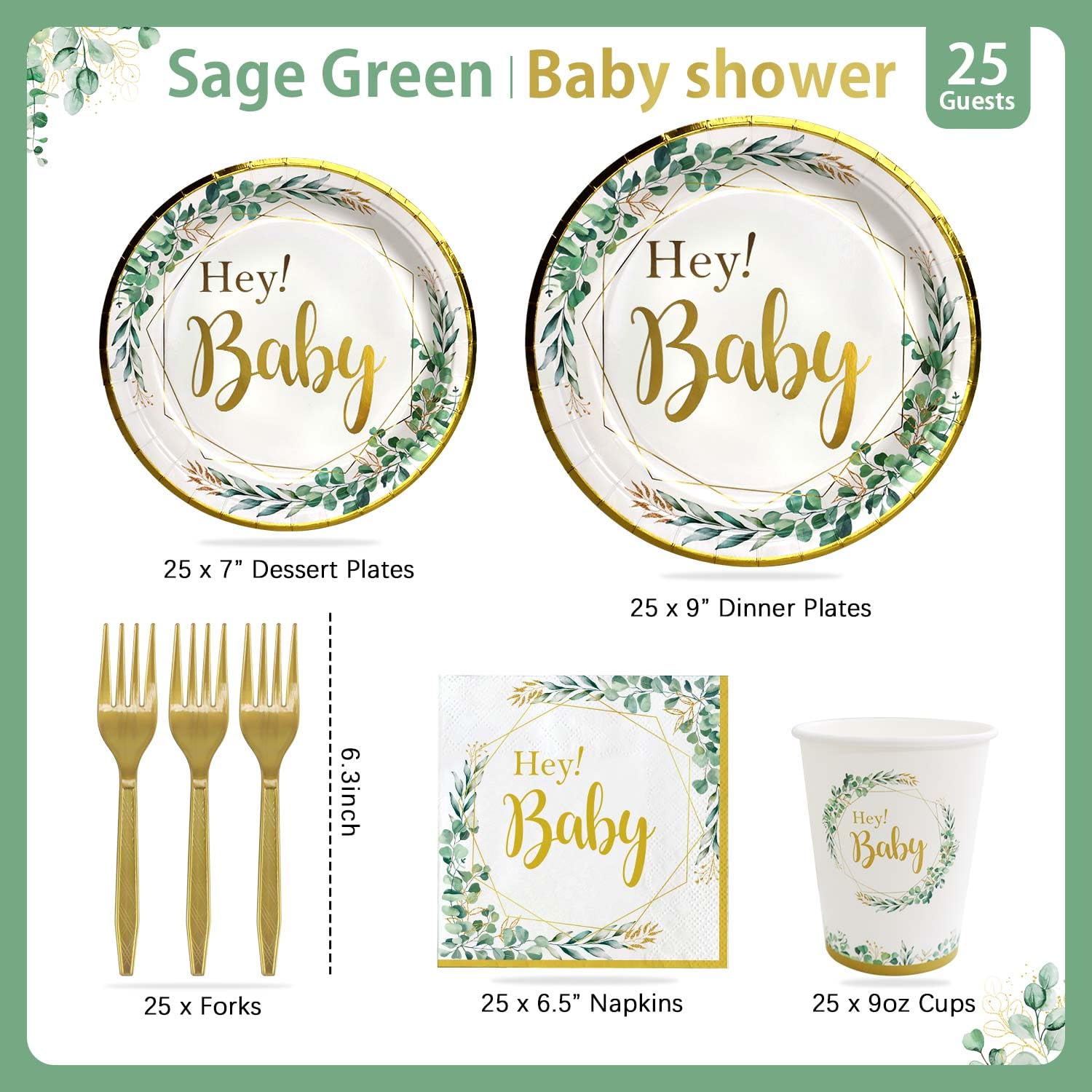 125pcs Sage Green Baby Shower Decorations for Boy or Girl - Neutral Tableware Set for 25 Guests | Eucalyptus Gold Foil Plates Cups and Napkins Straws Cutlery for Welcome Baby Fille Party Supplies