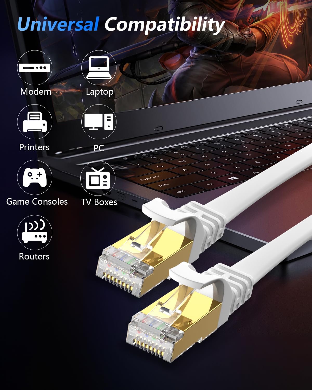 BUSOHE CAT8 Ethernet Cable 20ft, High Speed Flat Internet Computer Patch Cord, 40Gbps 2000Mhz Faster Than Cat7/Cat6/Cat5, RJ45 Flat Cable Shielded in Wall, Indoor/Outdoor White