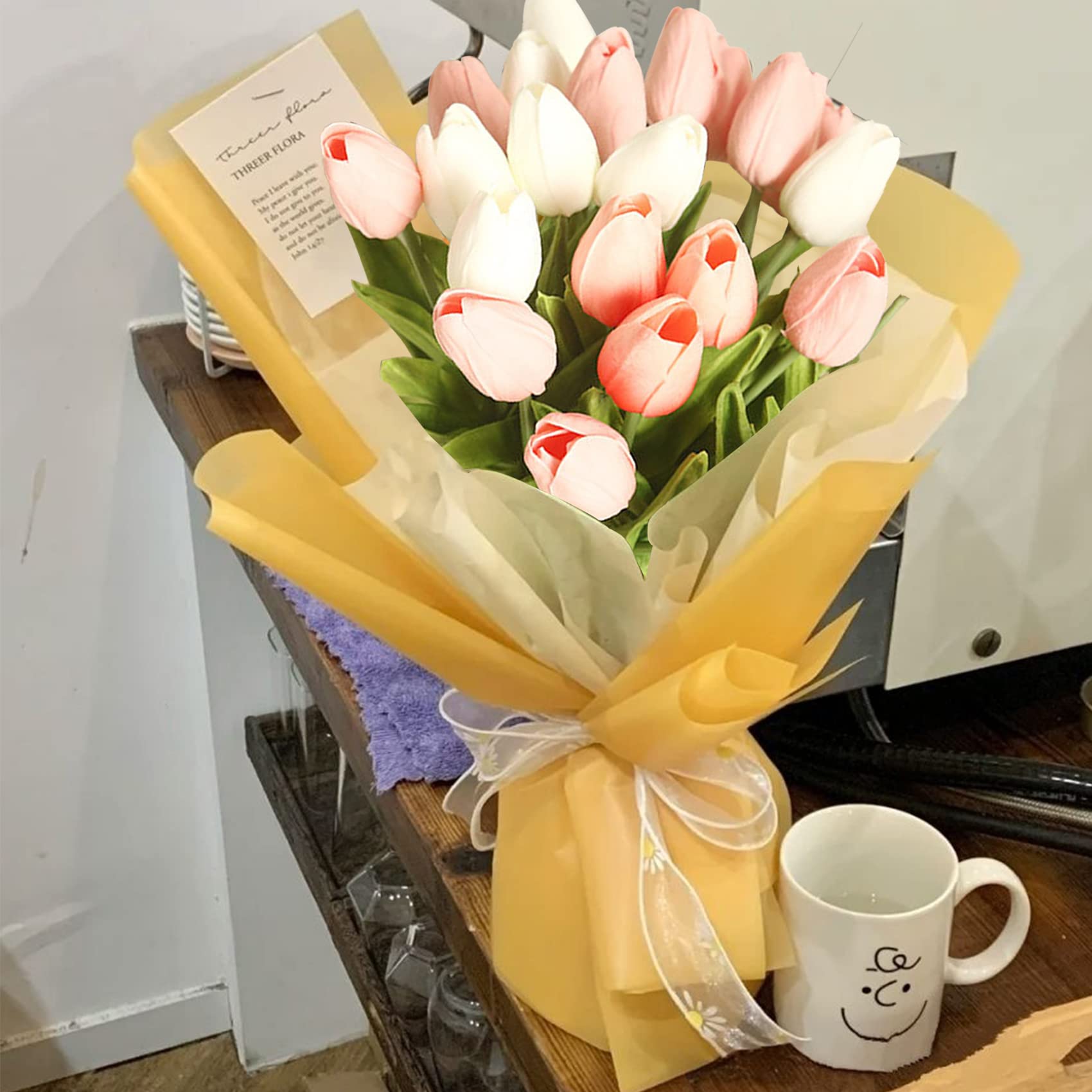 hanlongyu Tulips Artificial Flowers for Table Decor, Fake Artificial Bouquets, Realistic Tulips Flowers Decor for Wedding Party Office Kitchen Home Decor, 10 White & 10 Light Pink