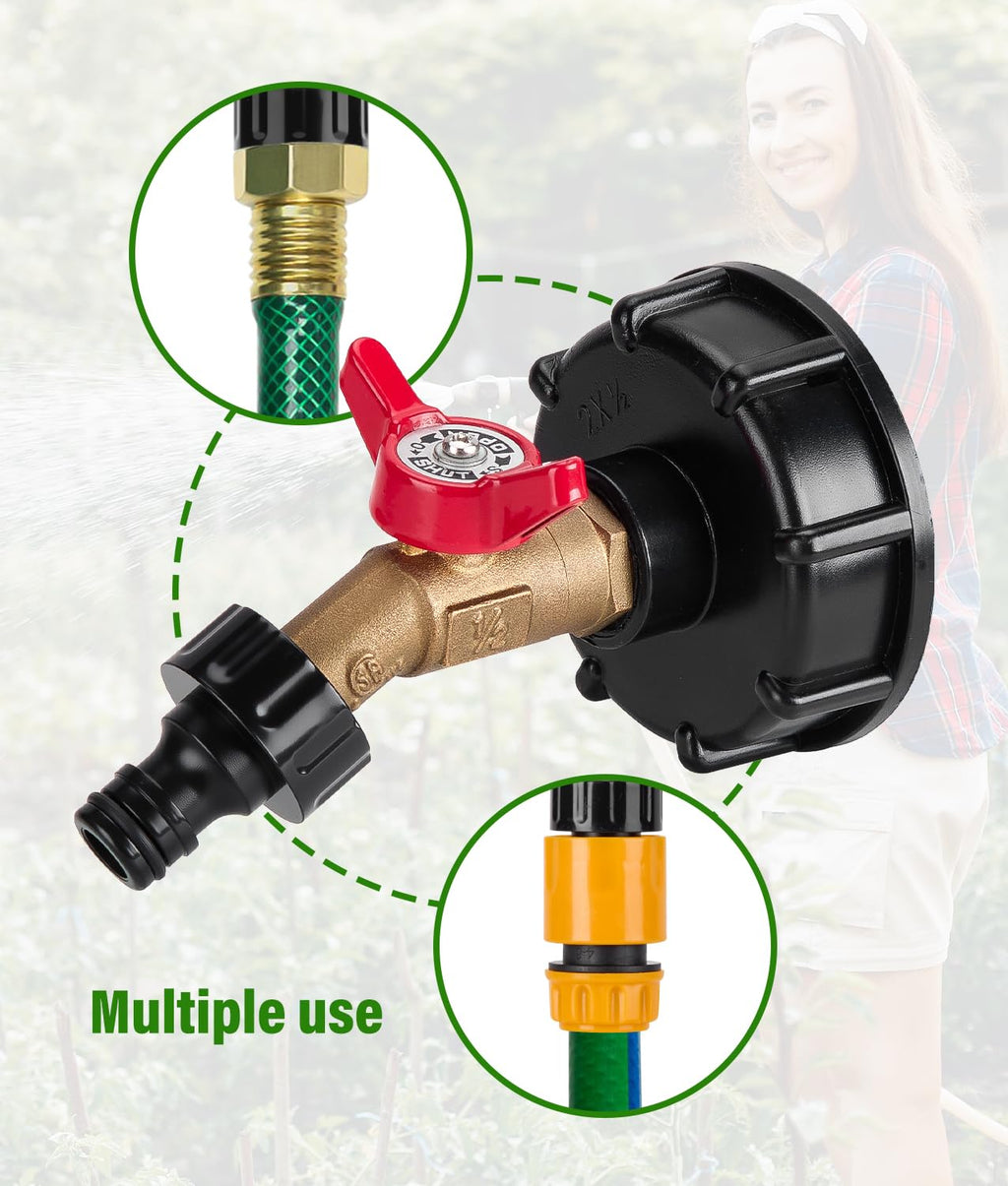 WADEO IBC Tote Adapter, IBC Tote Fittings 1/2" Male NPT Inlet 3/4" GHT Male Garden Hose Quick Connector Outlet Brass Ball Valve Faucet with 60 62mm Female Fine Thread with for Garden Hose Connector