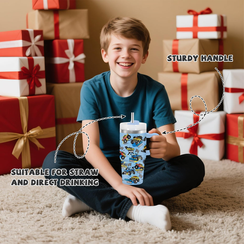 Monster Truck Tumbler with Handle for Kids 14oz, Insulated Stainless Steel Monster Trucks Mug Cup for Boys, Birthday Christmas Gifts for School, Sports
