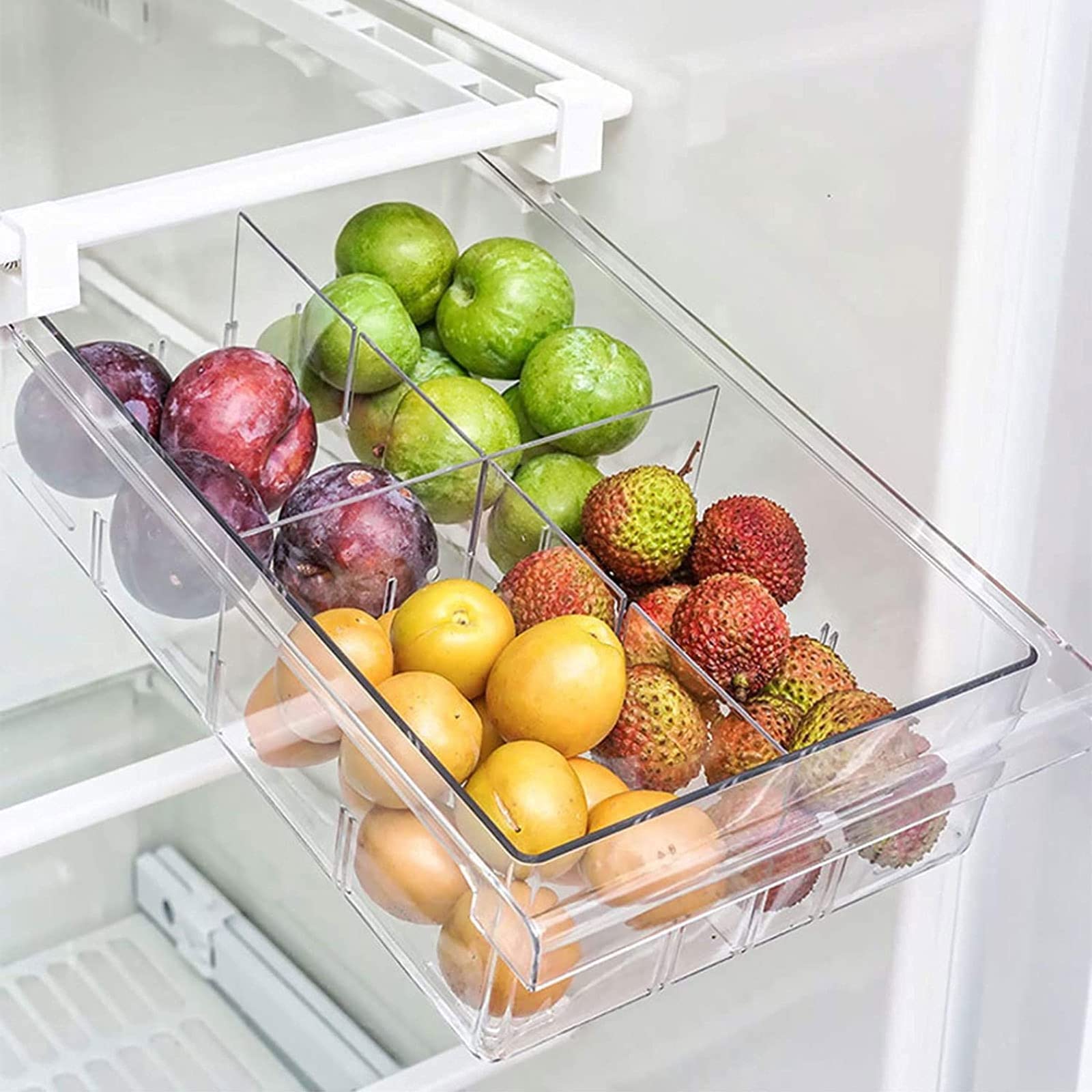 2 Pack Refrigerator Organizer Bins,Pull-Out Fridge Storage Drawer Design,Freely Pullable Refrigerator Storage Box with 4 Divided Sections,Fit for Fridge Shelf Under 0.6"