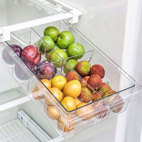2 Pack Refrigerator Organizer Bins,Pull-Out Fridge Storage Drawer Design,Freely Pullable Refrigerator Storage Box with 4 Divided Sections,Fit for Fridge Shelf Under 0.6"