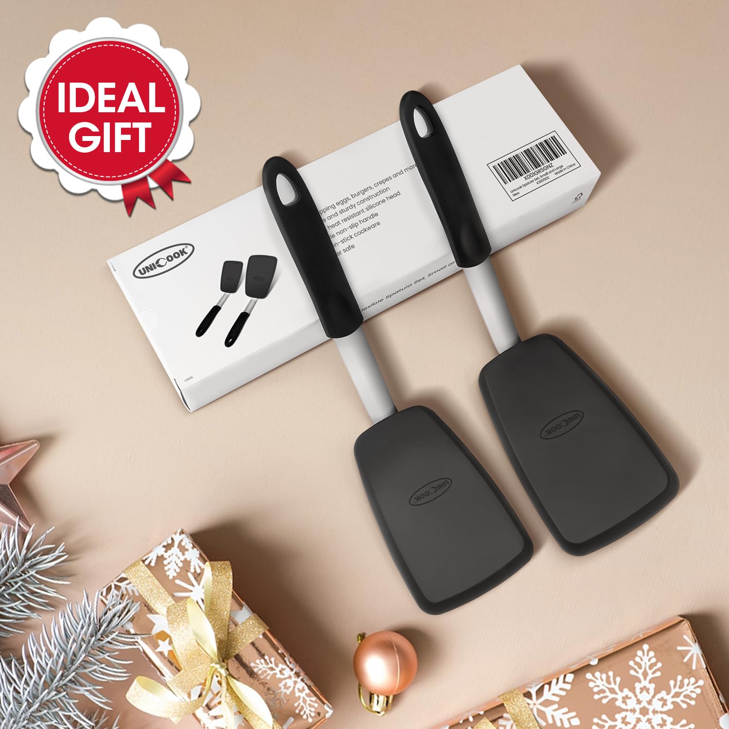 Unicook 2 Pack Flexible Silicone Spatula Flipper, Silicone Kitchen Cooking Utensil Set, Ustensile de Cuisine Turner 600F Heat Resistant, Ideal for Flipping Eggs, Burgers, Crepes and More, Black